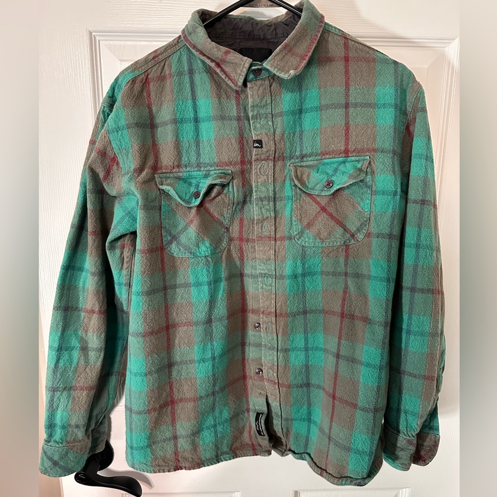 Green/Brown/Maroon Plaid Flannel - Medium